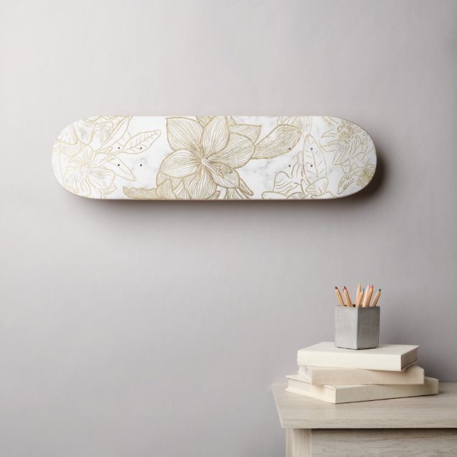 Elegant modern white grey gold marble floral skateboard (Wall Art (Horz))