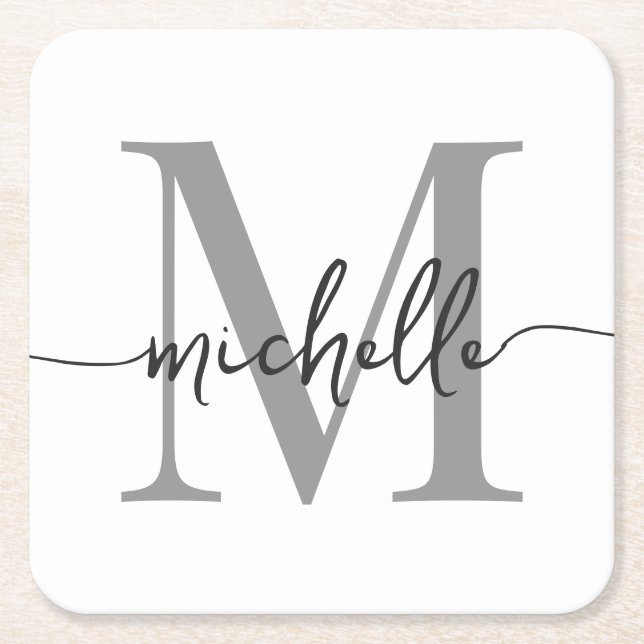 Elegant Modern White Grey Monogram Name Script Square Paper Coaster (Front)