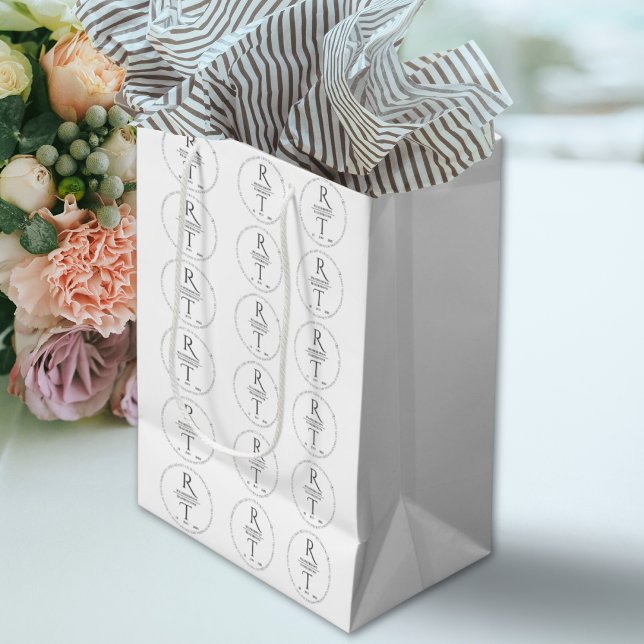 Elegant Modern White Grey Monogram Wedding  Medium Gift Bag (Creator Uploaded)