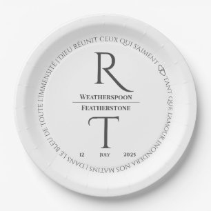 Elegant Modern White Grey Monogram Wedding Paper Plate
