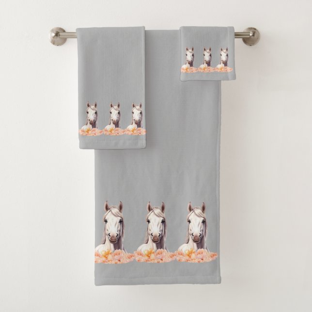 Elegant, Modern White Horses with Flowers on Gray Bath Towel Set (Insitu)