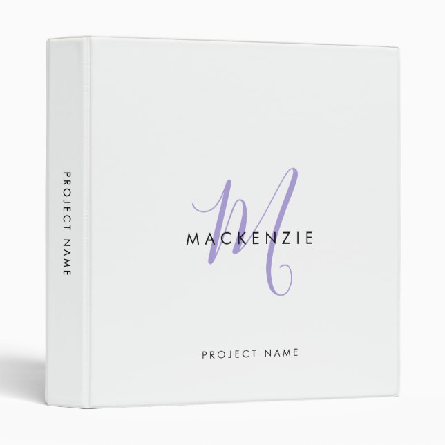 Elegant Modern White Lavender Script Monogram Binder (Front/Spine)