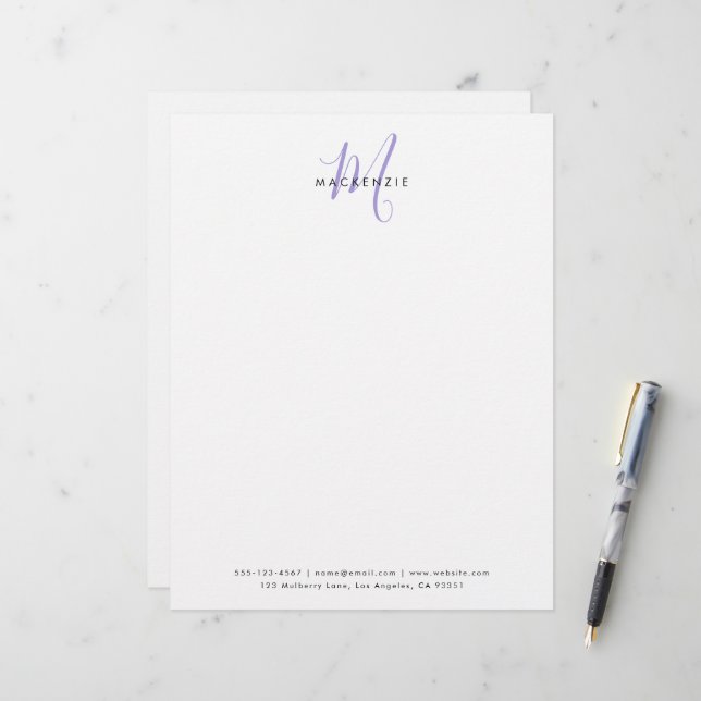 Elegant Modern White Lavender Script Monogram Letterhead (Front/Back In Situ)