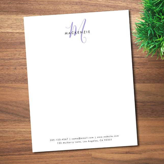 Elegant Modern White Lavender Script Monogram Letterhead (Creator Uploaded)