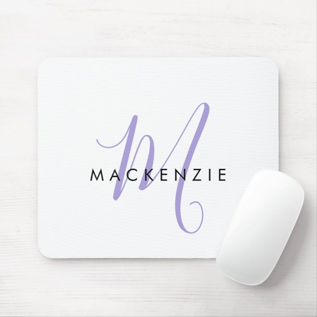 Elegant Modern White Lavender Script Monogram Mouse Pad (With Mouse)