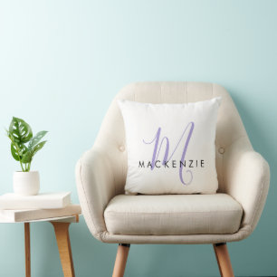 Elegant Modern White Lavender Script Monogram Throw Pillow