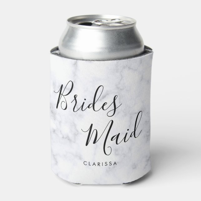 Elegant & modern white marble bridesmaid can cooler (Can Front)