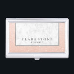Elegant modern white marble & rose gold glitter business card holder<br><div class="desc">Beautiful combination of white marble,  faux copper rose gold glitter and silver texture.</div>
