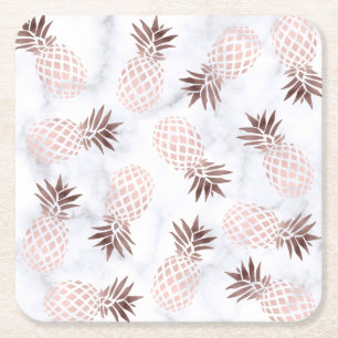 elegant modern white marble rose gold pineapple square paper coaster