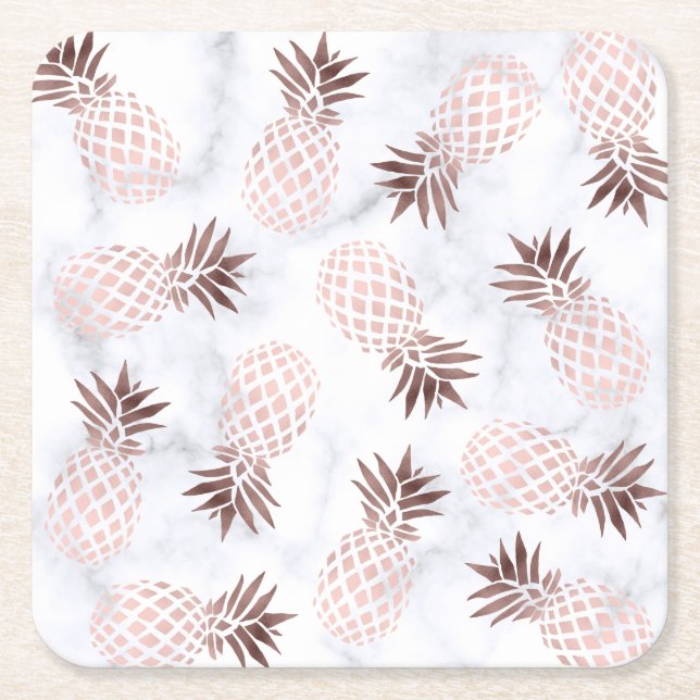 elegant modern white marble rose gold pineapple square paper coaster (Front)