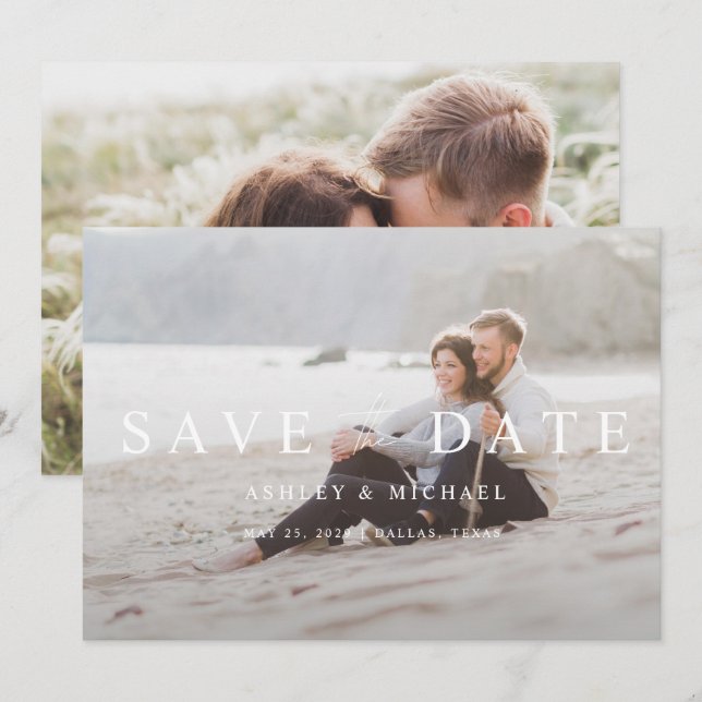 Elegant Modern White Overlay 2 Photo Wedding Save The Date (Front/Back)