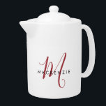 Elegant Modern White Red Script Monogram<br><div class="desc">Elegant Modern White Red Script Monogram teapot.  An elegant red script monogram combined with a clean black san-serif font makes for a contemporary look.</div>