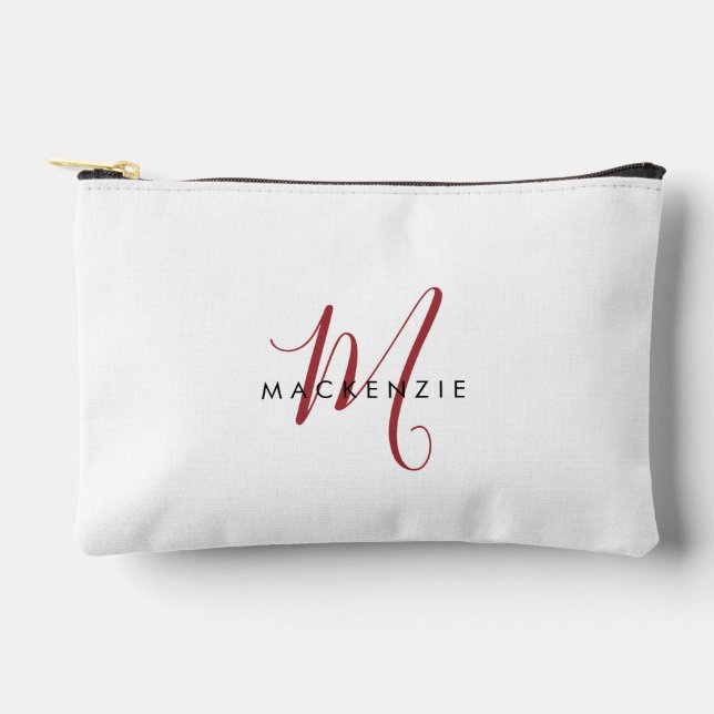Elegant Modern White Red Script Monogram Accessory Pouch (Front)