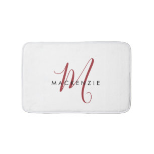 Elegant Modern White Red Script Monogram Bath Mat