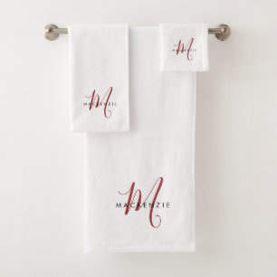 Elegant Modern White Red Script Monogram Bath Towel Set