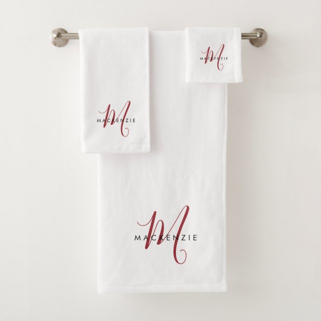 Elegant Modern White Red Script Monogram Bath Towel Set (Insitu)