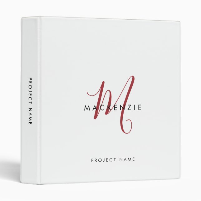 Elegant Modern White Red Script Monogram Binder (Front/Spine)