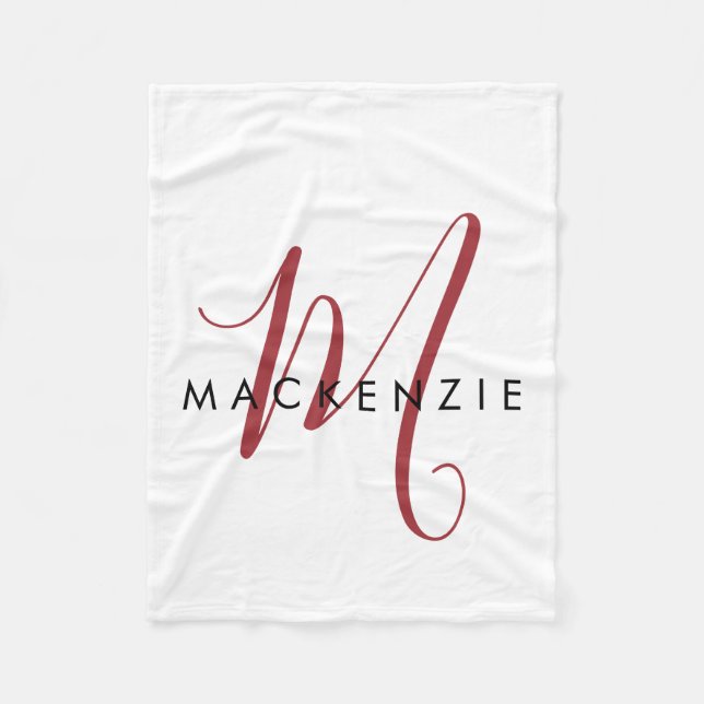 Elegant Modern White Red Script Monogram Fleece Blanket (Front)