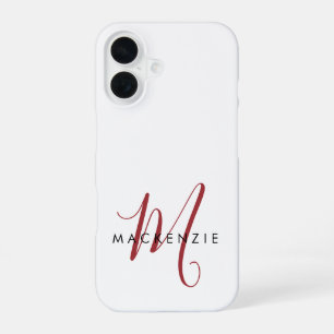 Elegant Modern White Red Script Monogram iPhone 16 Case