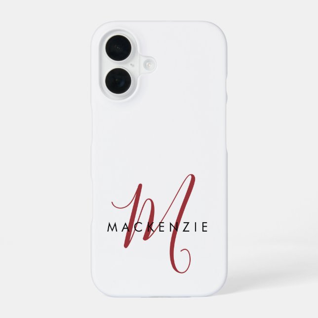 Elegant Modern White Red Script Monogram iPhone 16 Case (Back)