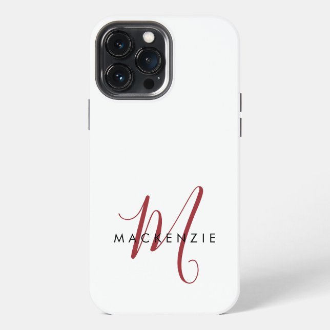 Elegant Modern White Red Script Monogram  iPhone Case (Back)