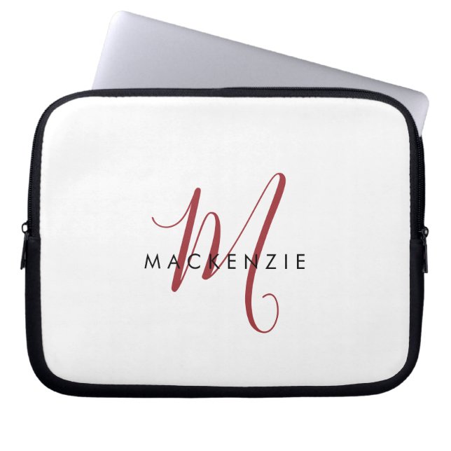 Elegant Modern White Red Script Monogram Laptop Sleeve (Front)