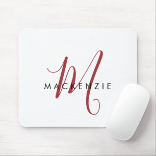 Elegant Modern White Red Script Monogram Mouse Pad