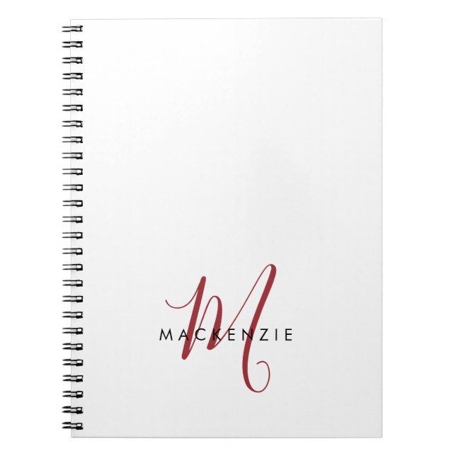 Elegant Modern White Red Script Monogram Notebook (Front)