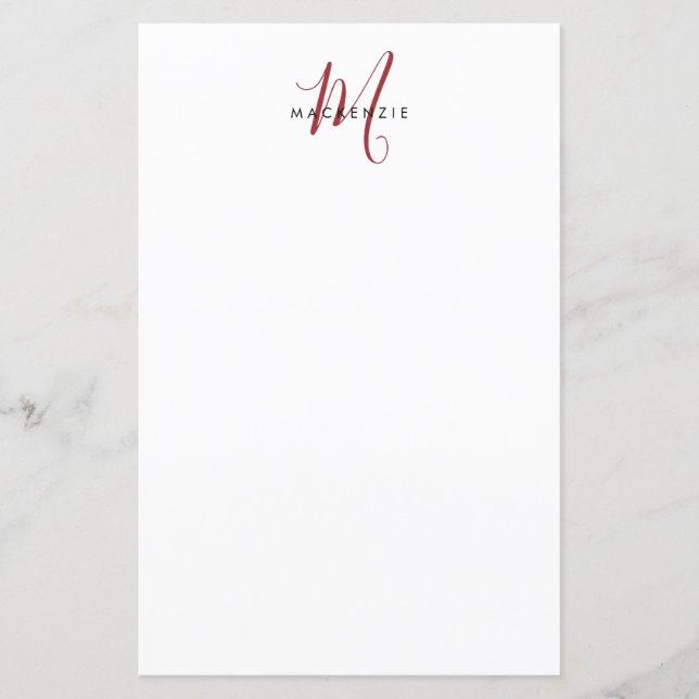 Elegant Modern White Red Script Monogram Paper (Front)