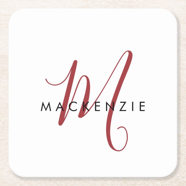 Elegant Modern White Red Script Monogram Square Paper Coaster (Front)
