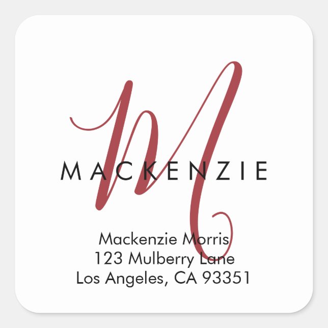 Elegant Modern White Red Script Monogram Square Sticker (Front)