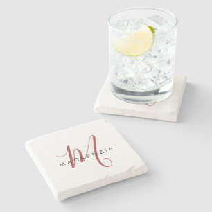 Elegant Modern White Red Script Monogram Stone Coaster