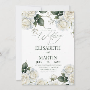 Elegant Modern White Rose Florals Wedding Invitation