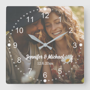 elegant modern white script  photo anniversary square wall clock