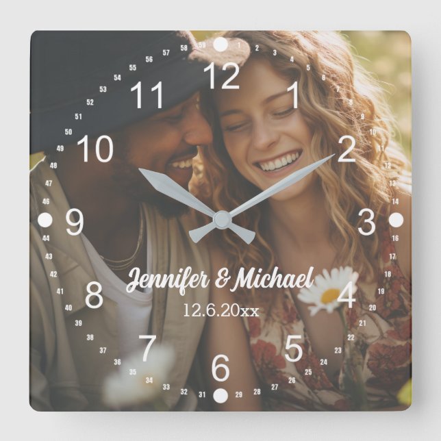elegant modern white script  photo anniversary square wall clock (Front)