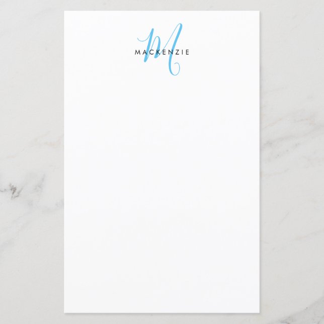 Elegant Modern White Sky Blue Script Monogram (Front)