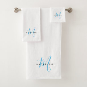 Elegant Modern White Sky Blue Script Monogram Bath Towel Set