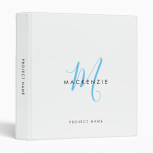Elegant Modern White Sky Blue Script Monogram Binder
