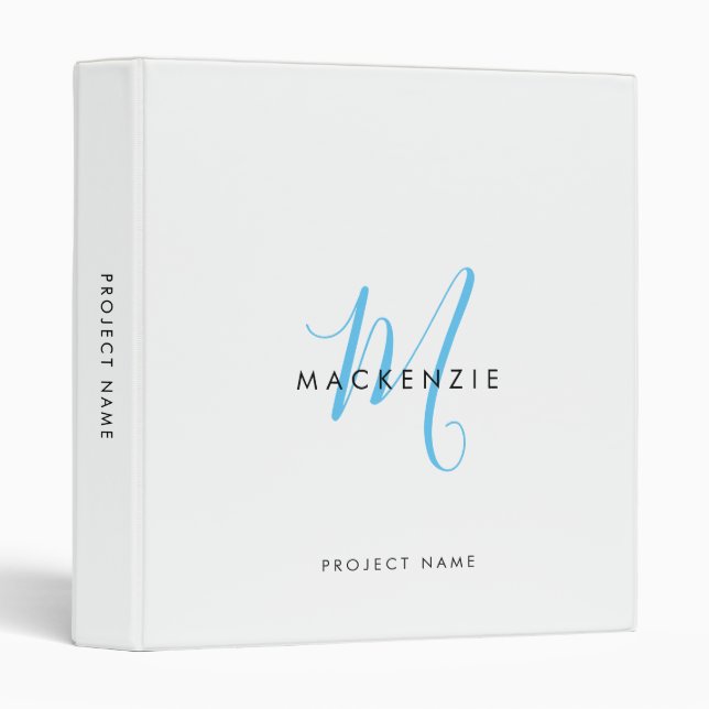 Elegant Modern White Sky Blue Script Monogram Binder (Front/Spine)