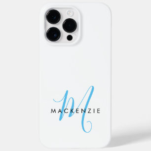 Elegant Modern White Sky Blue Script Monogram Case-Mate iPhone 14 Pro Max Case