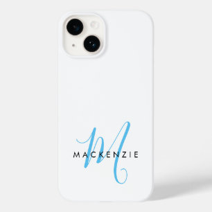 Elegant Modern White Sky Blue Script Monogram Case-Mate iPhone 14 Case