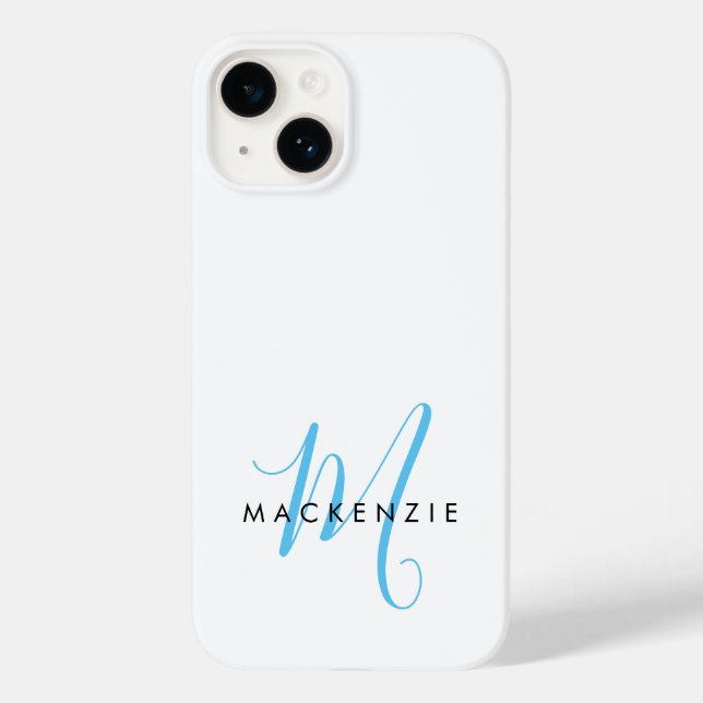 Elegant Modern White Sky Blue Script Monogram Case-Mate iPhone Case (Back)