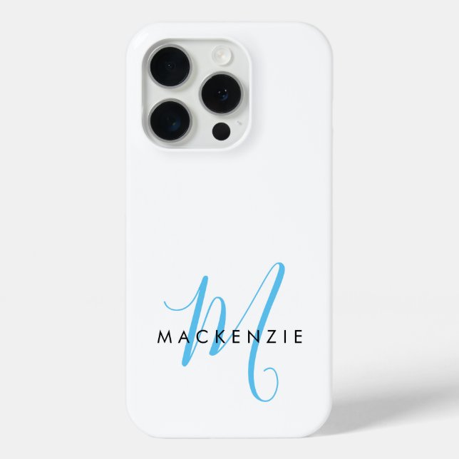 Elegant Modern White Sky Blue Script Monogram Case-Mate iPhone Case (Back)