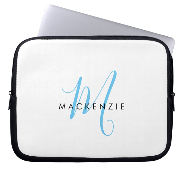 Elegant Modern White Sky Blue Script Monogram Laptop Sleeve (Front)