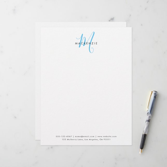 Elegant Modern White Sky Blue Script Monogram Letterhead (Front/Back In Situ)