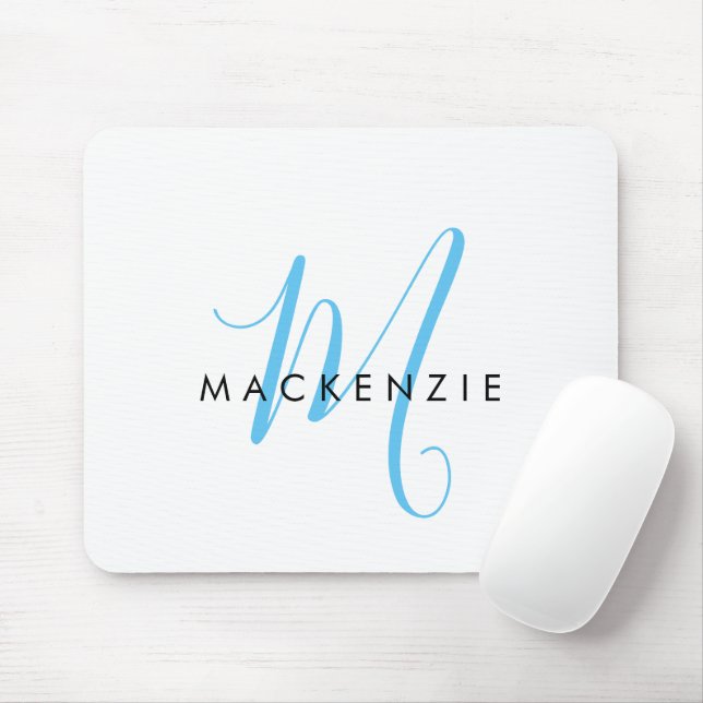 Elegant Modern White Sky Blue Script Monogram Mouse Pad (With Mouse)