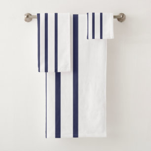 Elegant, modern, white stripes on navy blue bath towel set