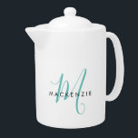 Elegant Modern White Teal Script Monogram<br><div class="desc">Elegant Modern White Teal Script Monogram teapot.  An elegant teal script monogram combined with a clean black san-serif font makes for a contemporary look.</div>