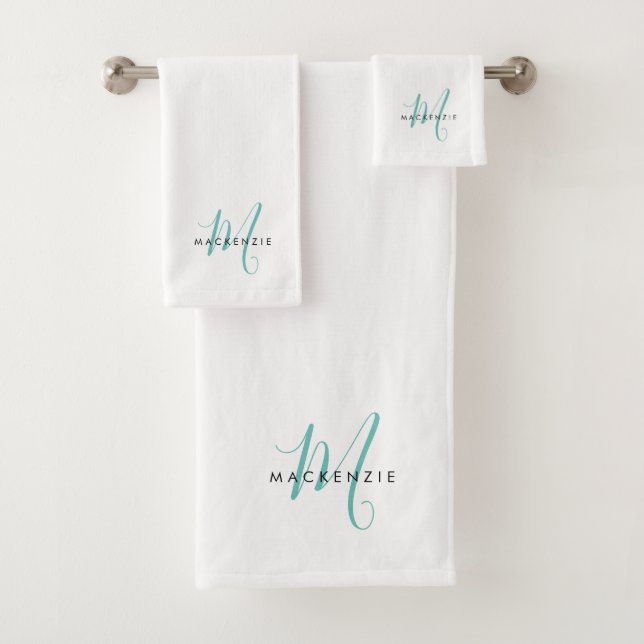 Elegant Modern White Teal Script Monogram Bath Towel Set (Insitu)