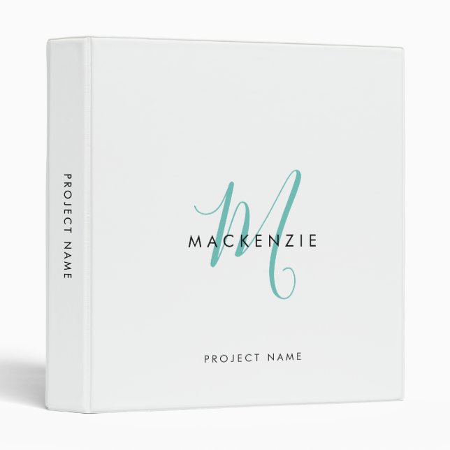 Elegant Modern White Teal Script Monogram Binder (Front/Spine)